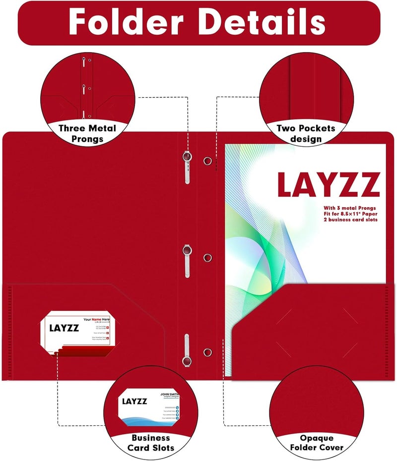 LAYZZ Plastic 2 Pocket Folders with Prongs, 30 Pack, Heavyweight, Letter Size Poly Folders with 3 Metal Prongs Fastener Clips (Red) - Image 3